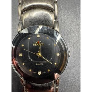 Vintage Denacci Quartz Watch Black Dial Gunmetal Diamond Gold Marker WR